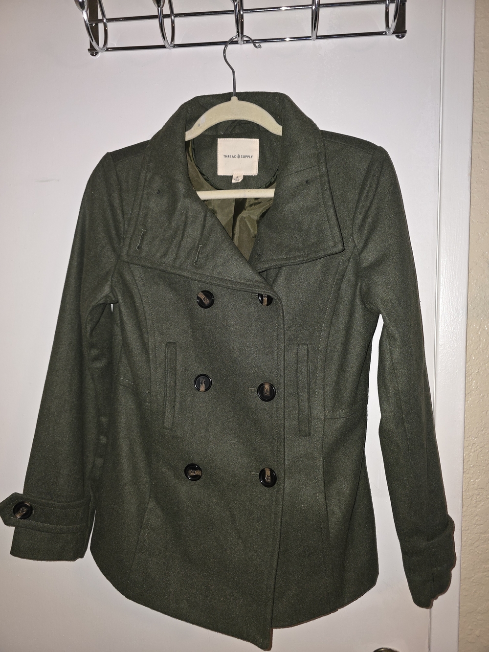 Thread & Supply Olive Green Double-Breasted Peacoat